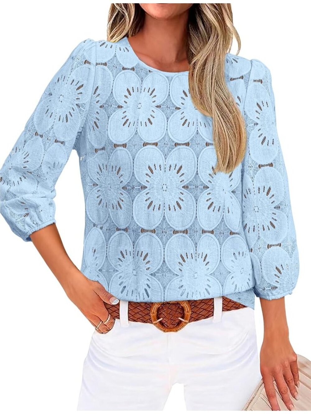 Women's Blouse Blue Dressy Casual Long Sleeve Tops Eyelet Lace Summer Shirts - Picture 2 of 5